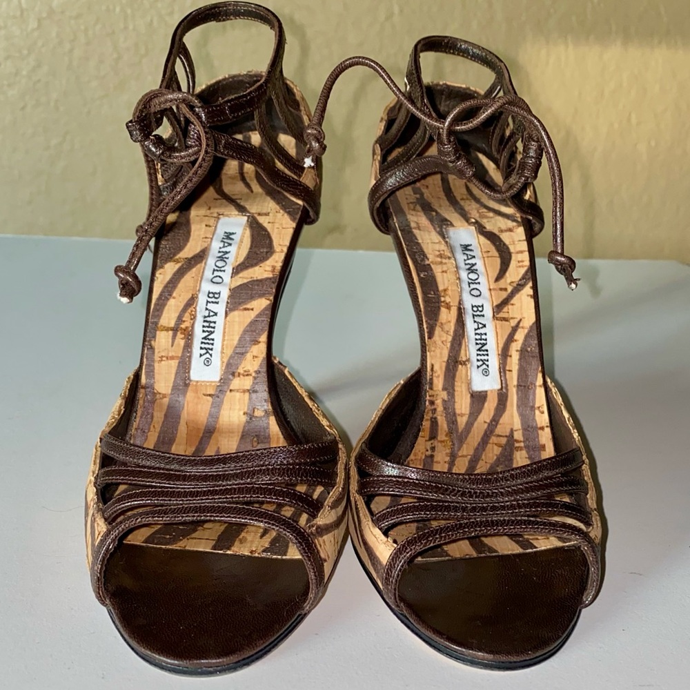 New Manolo Blahnik animal print ankle tie heels